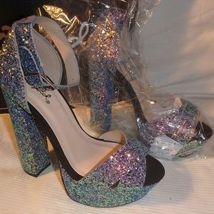 Qupid Open Toe Chunky Heel Blue Glitter Shoes